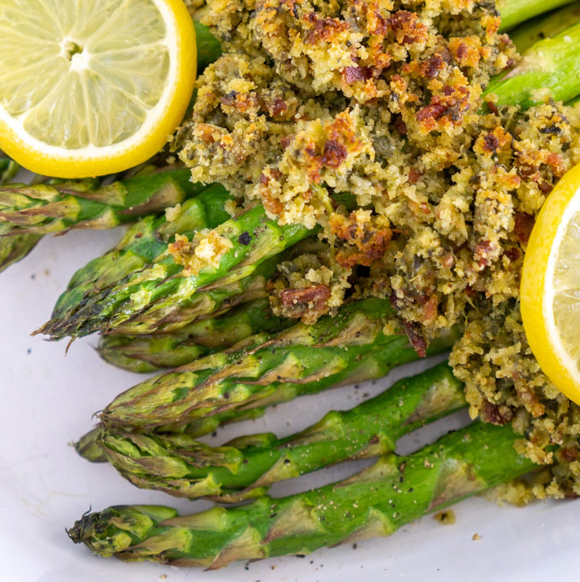 Grilled Asparagus with Shaved Parmesan and Morsel Crumble