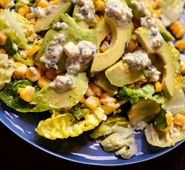 Grilled Corn and Avocado Salad with Feta Dressing, Topped with Morsels