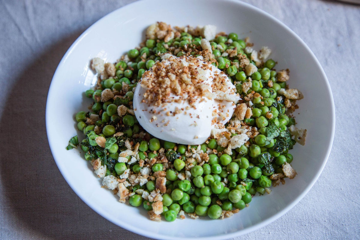 Lemon-Mint Peas with Burrata and Morsel Crumbs