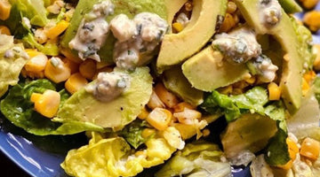 Grilled Corn and Avocado Salad with Feta Dressing, Topped with Morsels